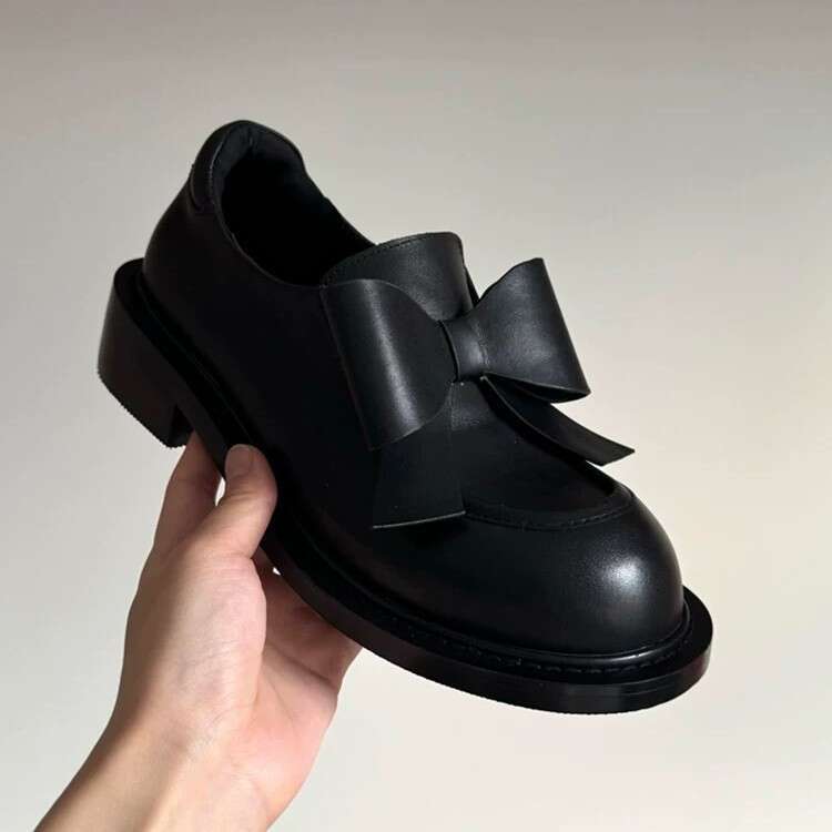 Genuine Leather College Style Bowknot Round Toe Women's Loafers 2025 Spring and Autumn New Thick Heel Platform Shoes