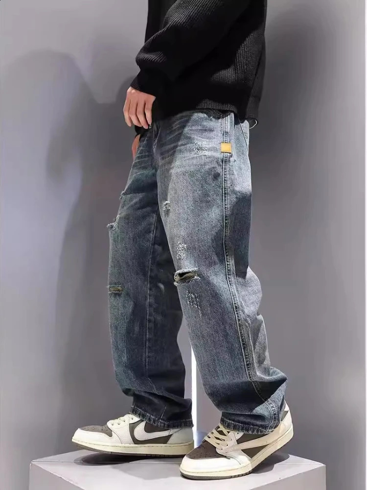 Mens Ripped Jeans Baggy Straight Fashion Vintage Blue Denim Pants Personality Streetwear Hip Hop High Quality Male Trousers 250526