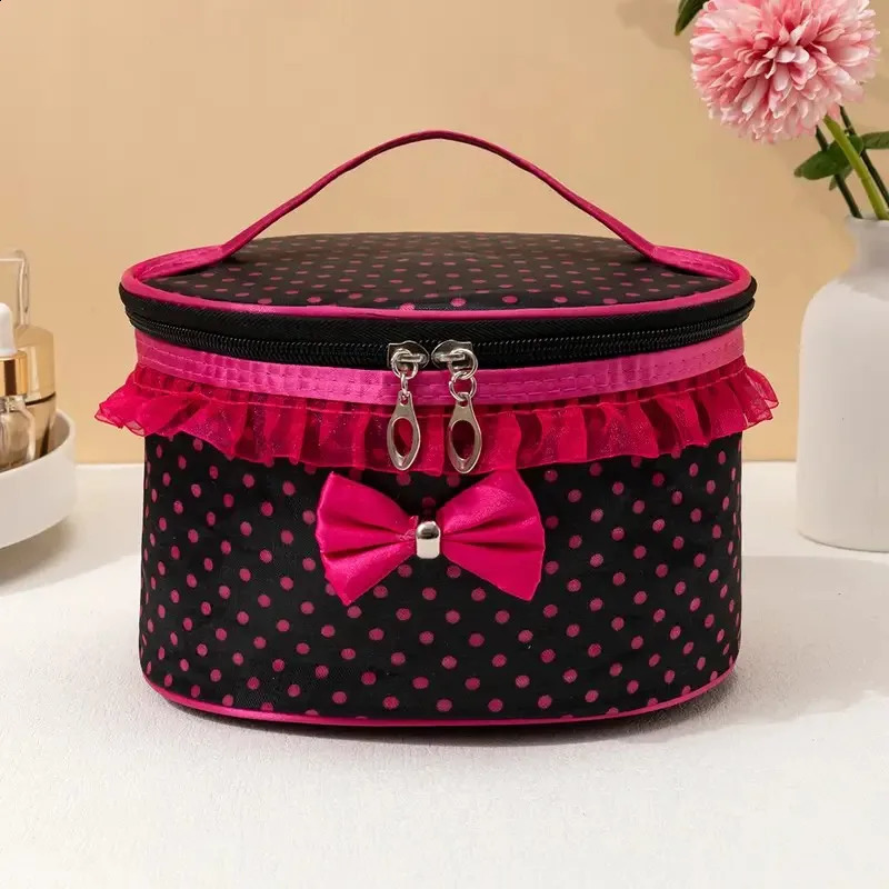Cosmetic Makeup Bag Large Portable Zipper Travel Organizer Holder with Top HandleDot Print and Bow Lace Decor 250528