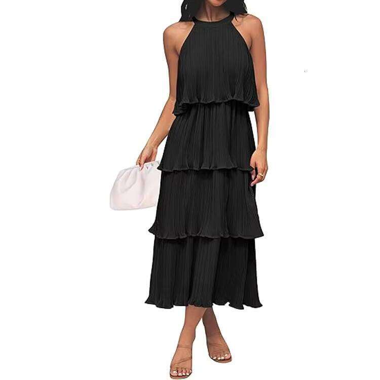 DHCollections Women Sleeveless Halter Neck Tiered Chiffon Maxi Dress with Ruffles and Flowing Skirt