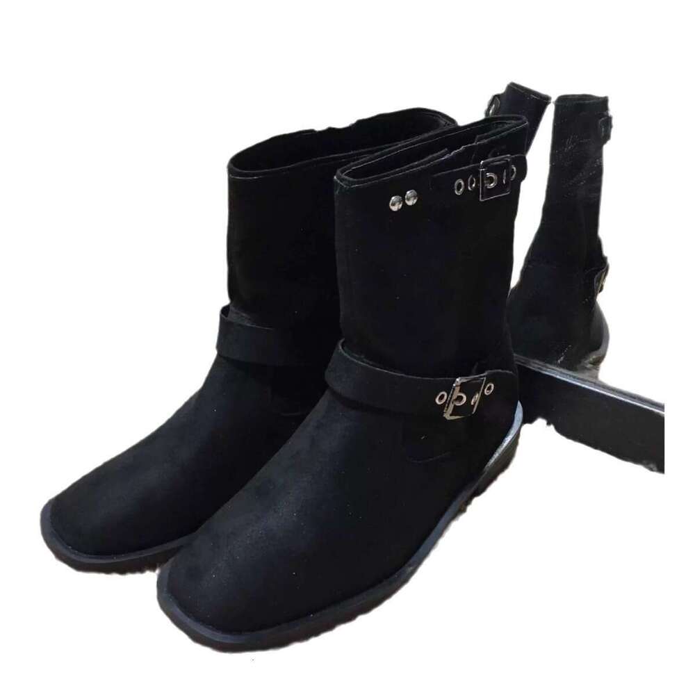 Korean Style Niche Square Toe Suede Western Cowboy for Women 2024 Autumn Winter Belt Metal Buckle Martin Short Boots