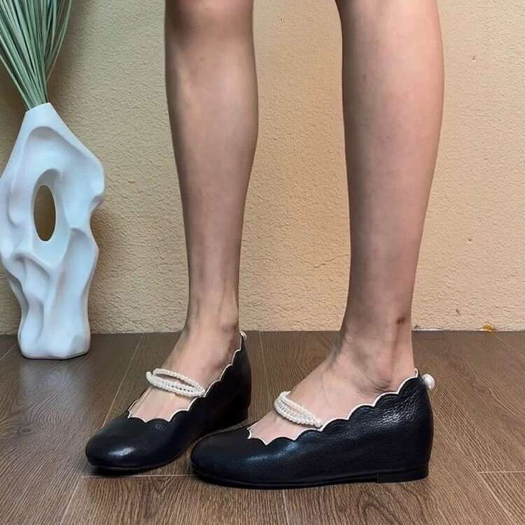 Genuine Leather French Style Round Toe Pearl Strap Mary Jane for Women 2025 Spring Versatile Shallow Mouth Hidden Heel Single Shoes