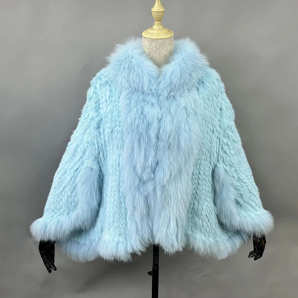 Autumn Winter Ladies' Genuine Knitted Rabbit Shawls Fox Collar Women Fur Pashmina Wraps Bridal Cape Coat Jacket