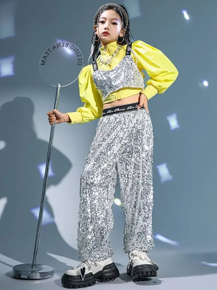Girl Jazz Dance Costume Clothes Kid Hip Hop Clothing Yellow Puff Sleeve Crop Top T Shirt Tank Silver Sequined Casual Pants 250528