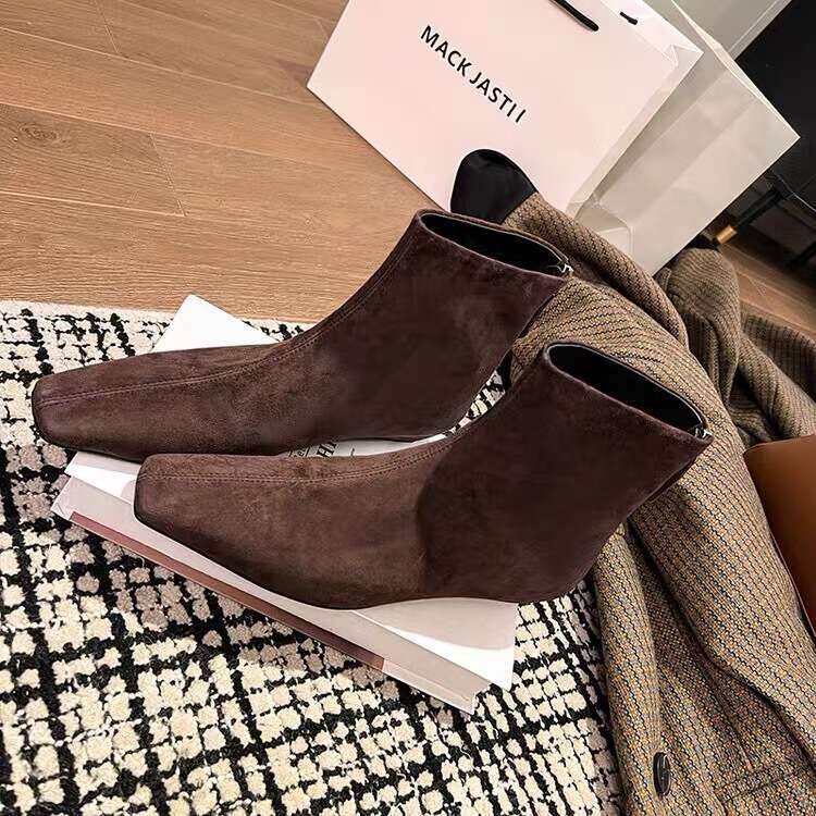 Genuine Leather Matte Korean Style Slim for Women 2024 New Autumn Winter Back Zipper Flat Small Square Toe Short Boots