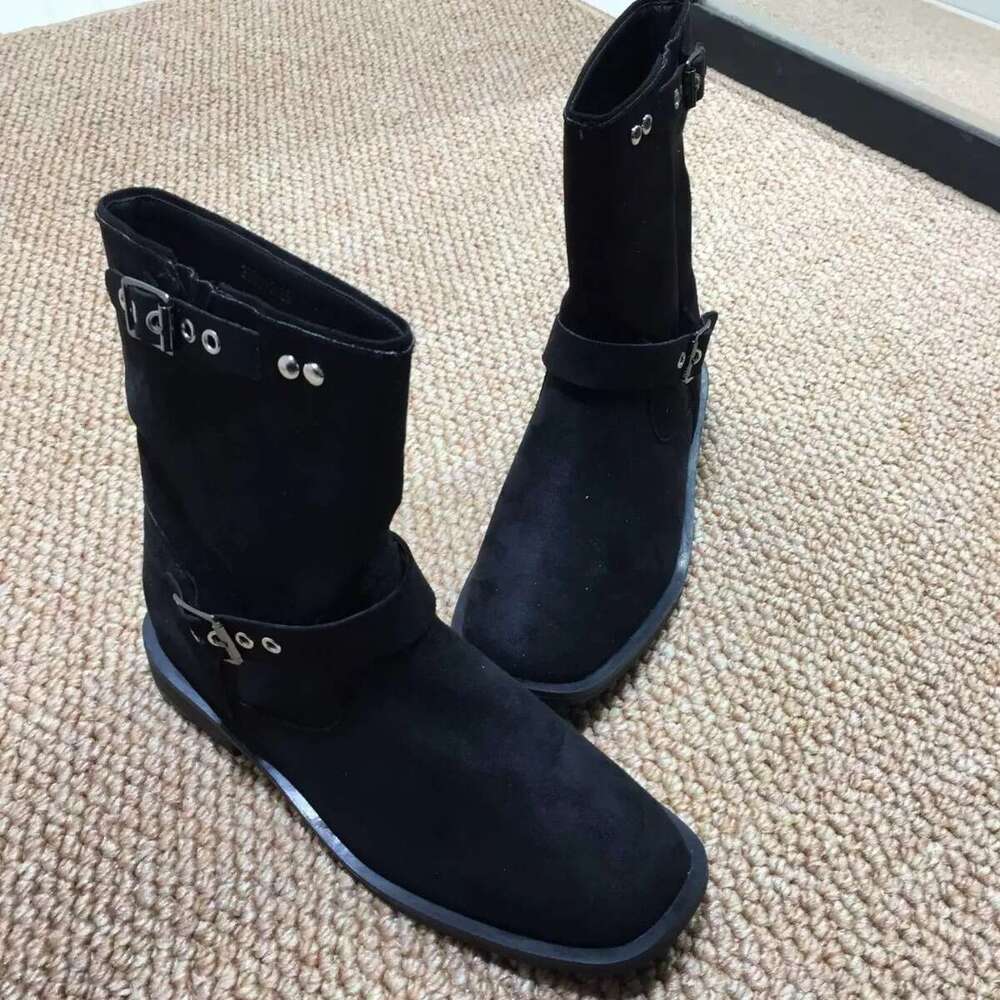 Korean Style Niche Square Toe Suede Western Cowboy for Women 2024 Autumn Winter Belt Metal Buckle Martin Short Boots