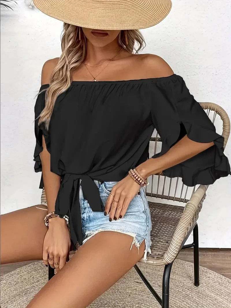 Summer One Shoulder Short Sleeved Tops for Women Solid Color Ruffle Sleeve TShirt Ladies Casaul Elegant Top Bow Tie Club Party 250517