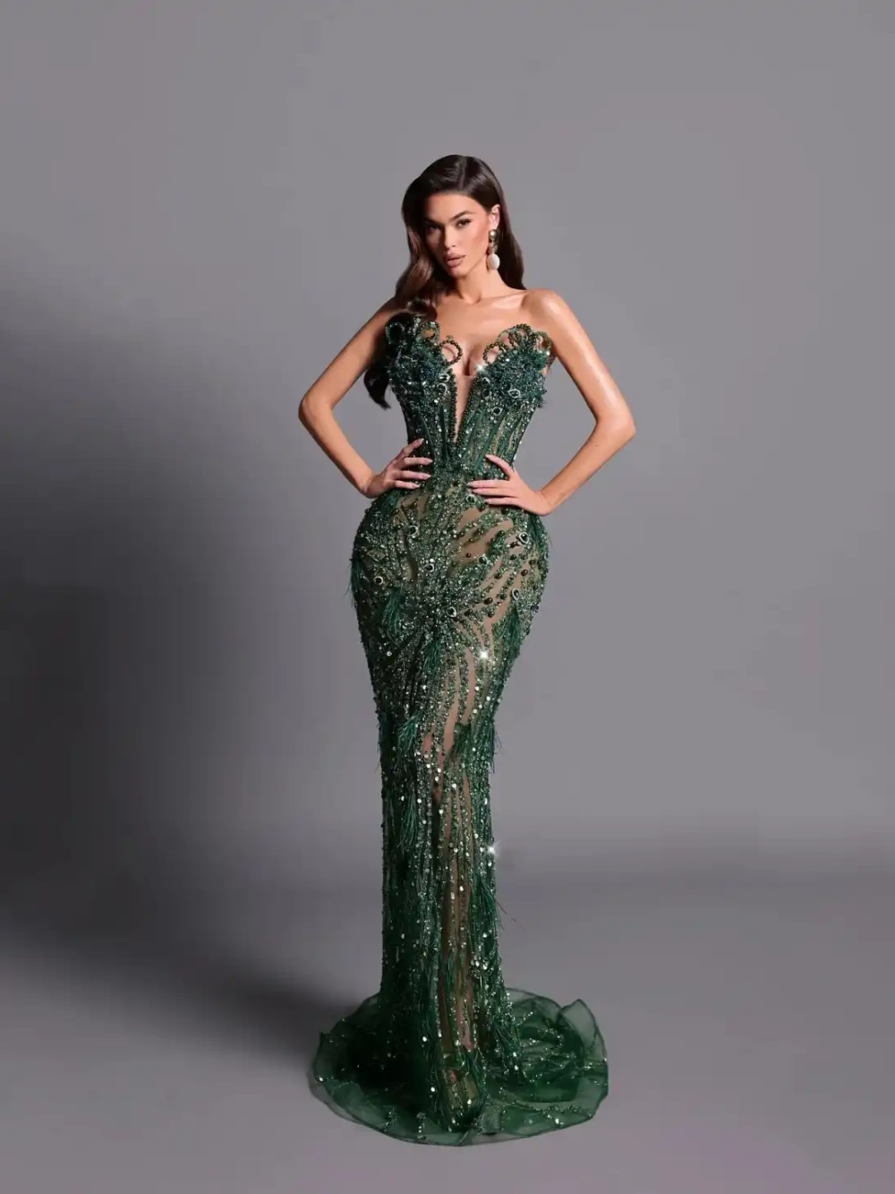 Luxury Green Crystal Mermaid Evening Dress Strapless Feather Sequins Prom Gowns Detachable Sweep Train Party Dresses Customized