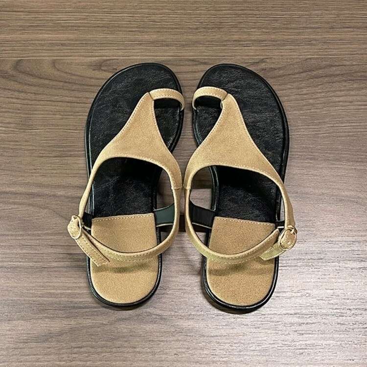 Sheepskin Version ~ Korean Style Round Flat Sandals for Women 2025 Summer New Faux Leather Toe Ring Slippers