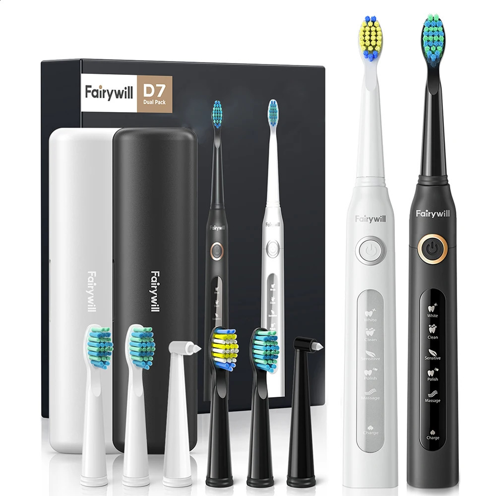 Fairywill Sonic Electric Toothbrush FWD7 set USB Charge Toothbrushes case for Adult with tooth brush Heads 5 Mode Smart Time 250519