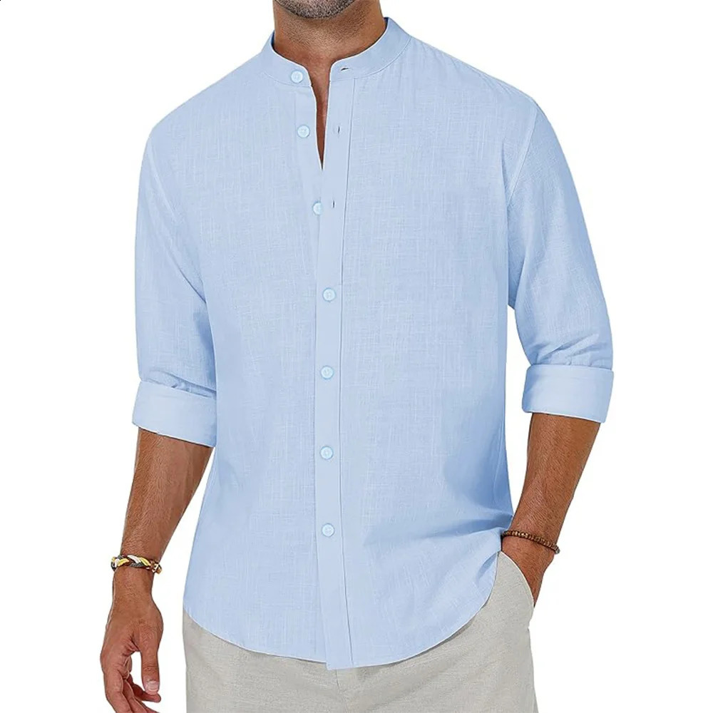 Mens Cotton Linen Shirts Long Sleeve Button Down Shirt Henley Collar Beach Shirts Hawaiian Vacation Casual Tops Men 250528