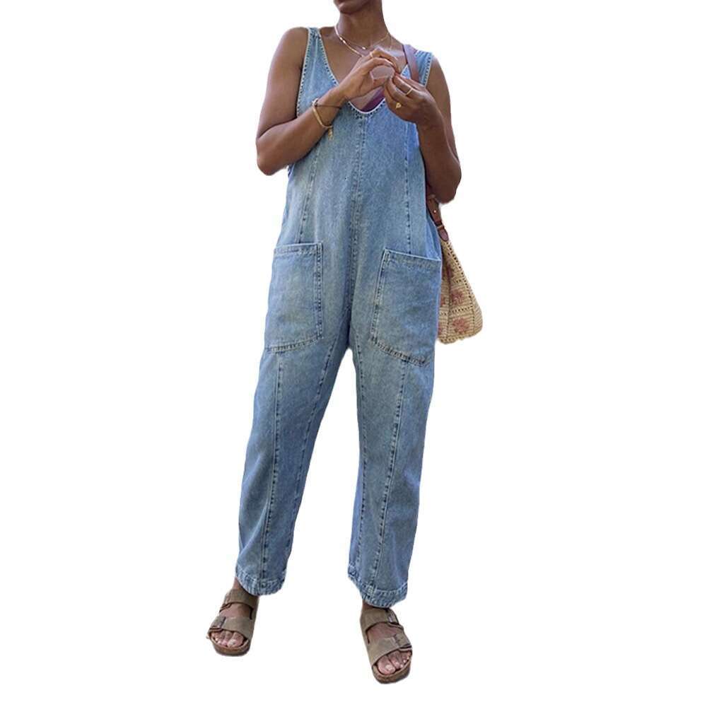 Autumn Winter Quick Buy New V-Neck Pocket Adjustable Strap Denim Jumpsuit B5