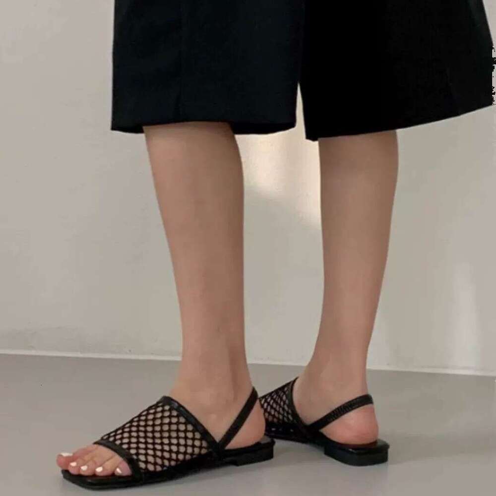 Sheepskin Version ~ Korean Style Fishnet Square Open Toe Women Summer 2025 New Flat Sandals for Outdoor Wear