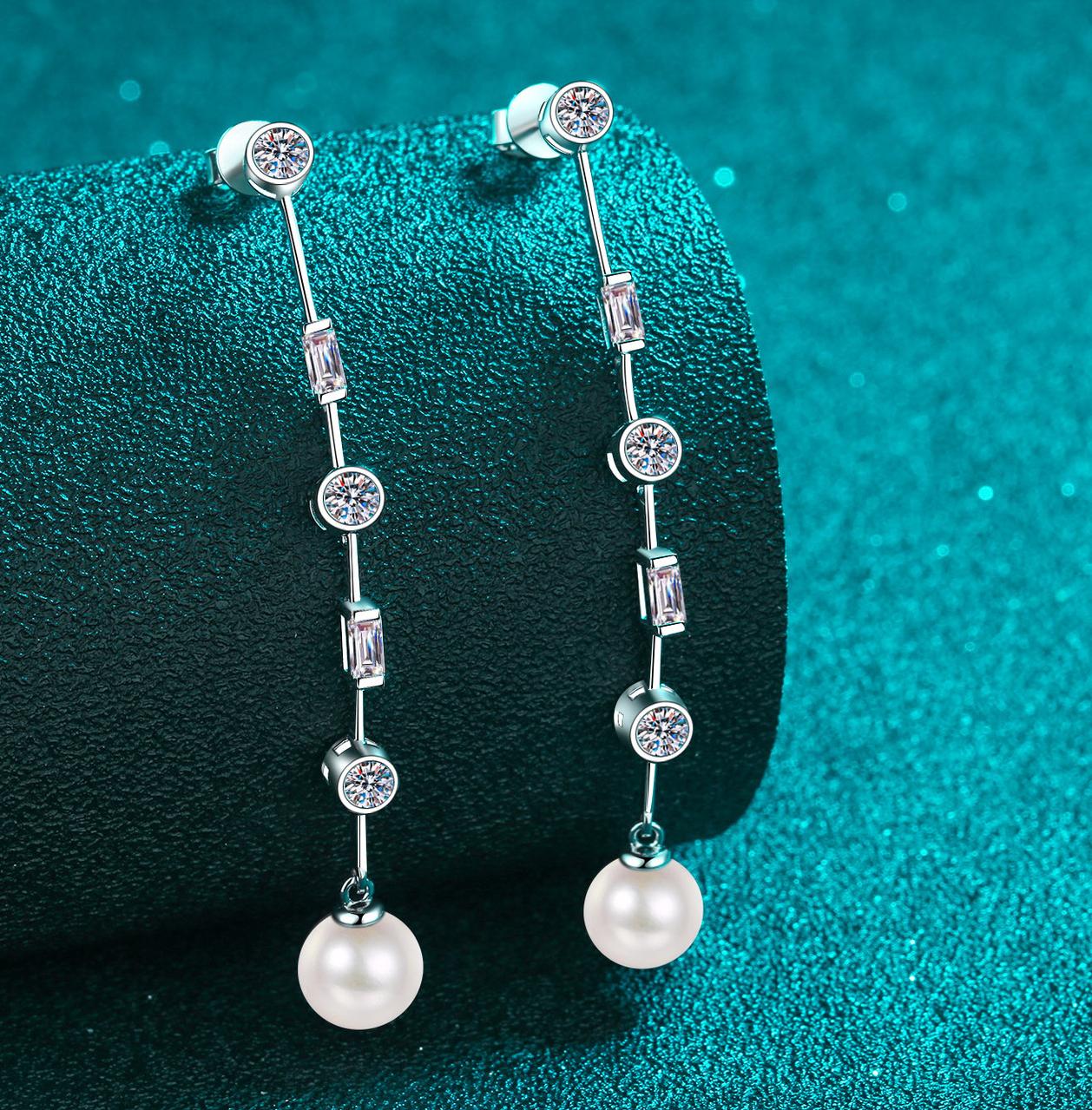 925 Sterling Silver Tassel Stud Earrings, Moissanite Freshwater Pearl Earrings, PT950 Gold Plated, Fashionable Chic Women's Jewelry, Wholesale In