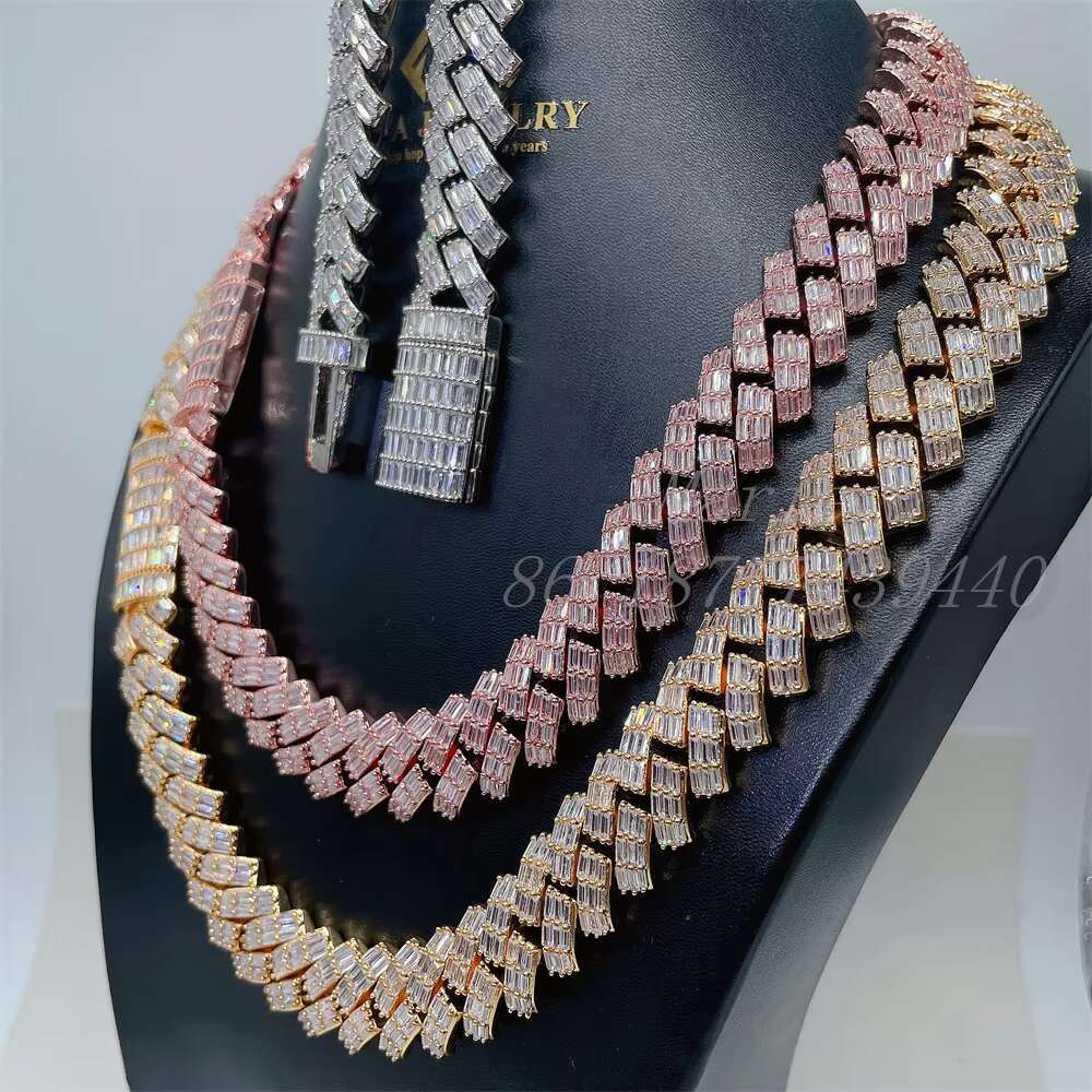 baguette Moissanite Silver Hip Hop Cuban Link 18mm Vvs High Quality baguette Diamond Hip Hop Jewelry Cuban Link Chain