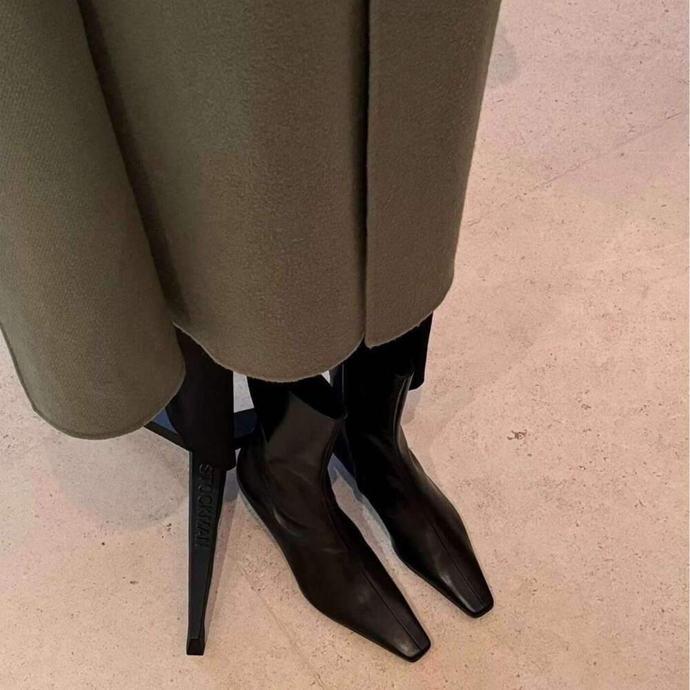 Square Toe Stiletto Cat Heel Side Zipper Slim Short Mid-Calf Women 2024 Autumn Winter Fashion Martin Boots
