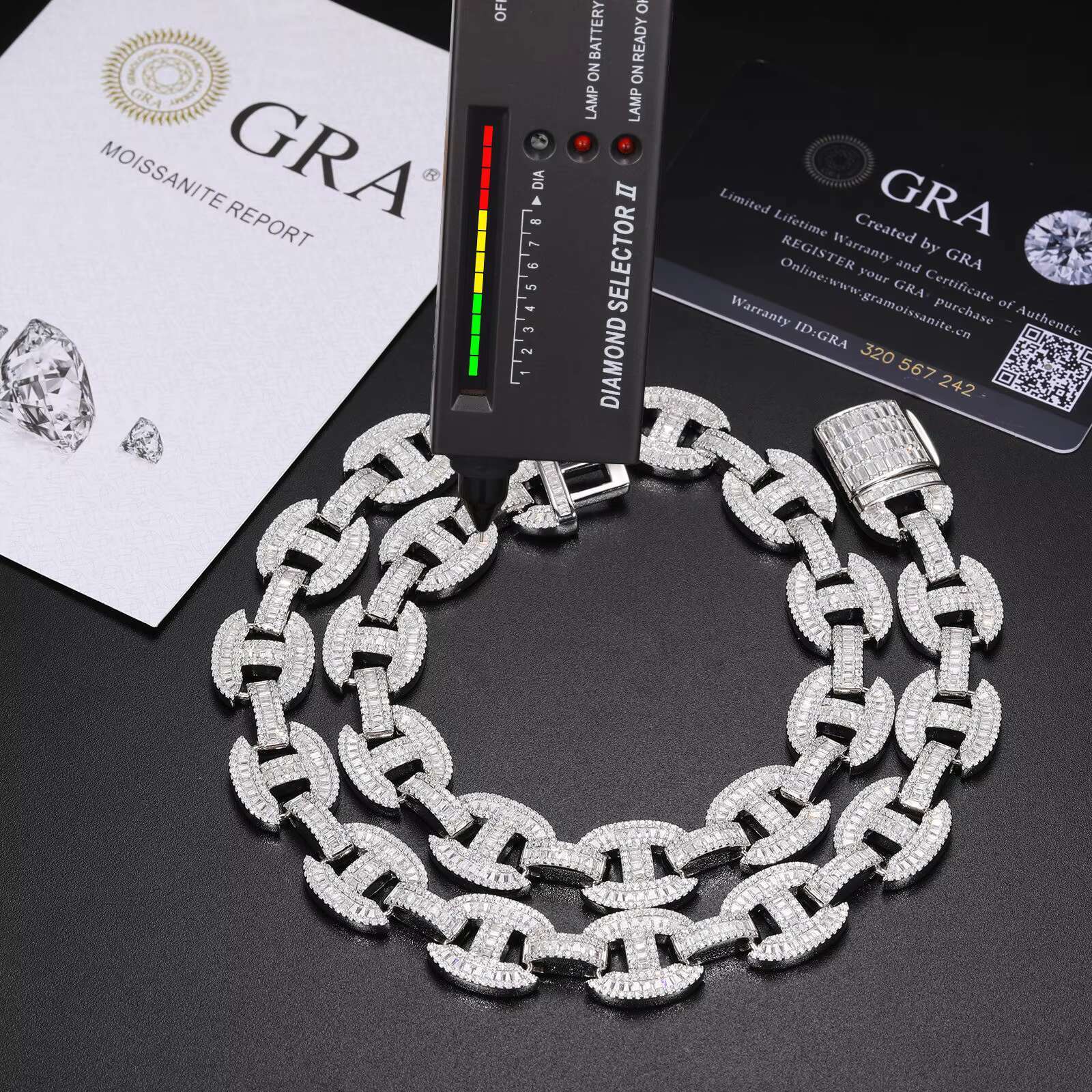High Quality 925 Sterling Silver Mens Necklace 16mm Baguette Link Chain with VVS Moissanite Iced Out Cuban Style