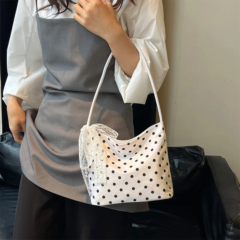 Pure Color Polka Dot Handbag Shoulder Bag Women Nylon Underarm Bags Retro Chic Bucket Trendy Korean Style Tote Handbag 250528