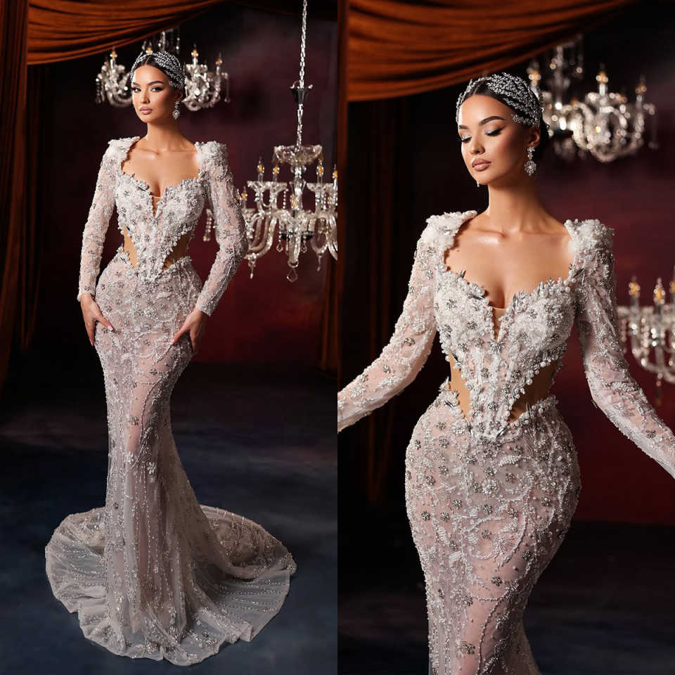 Luxurious Mermaid Wedding Dress 3D Flowers Pearls Beads Bride Bridal Gowns Long Sleeves Appliqued Bride Dresses Customized