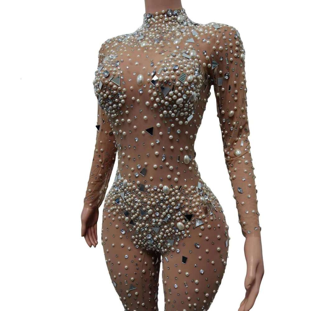 Sexy Mesh Festival Dancer Outfit Show Performance Wear Women Party Club Bodysuits Female Sequins Pearls Rhinestone Jumpsuits