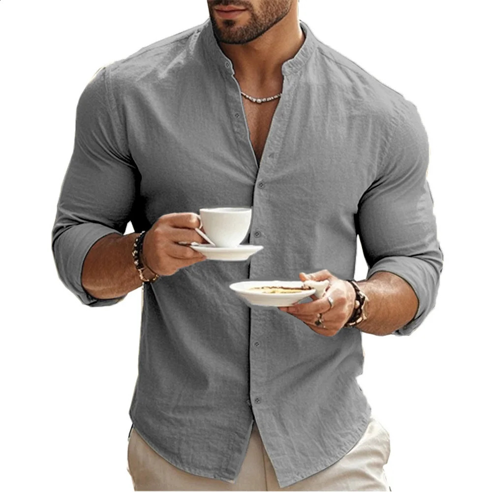 Mens Henry Shirts Cotton Linen Slim Fit Casual Hawaiian Solid Color Basic Style Spring Summer Breathable Mens Clothing 250528