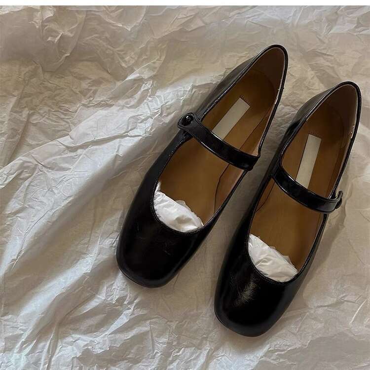 Genuine Leather French Style One-Strap Flat Casual Mary Jane Women's Square Toe Shallow Mouth Versatile Single Shoes Spring and Autumn New Model