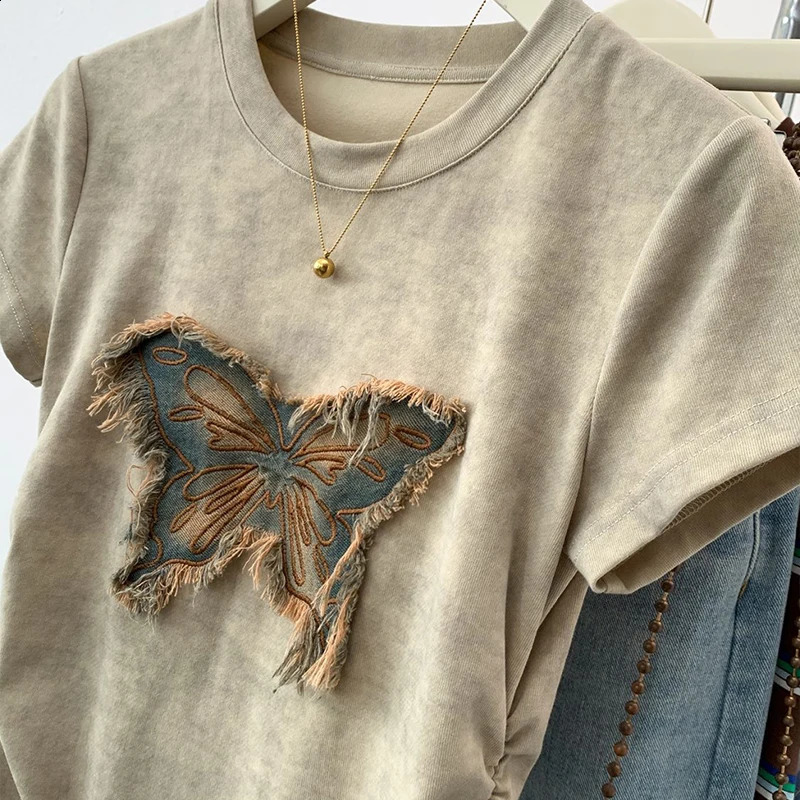 Butterfly Women T Shirt Korean Crop Top Summer Short Sleeve Tees Tshirts Femme Slim Drawstring Y2K Ladies Appliques Clothing 250517
