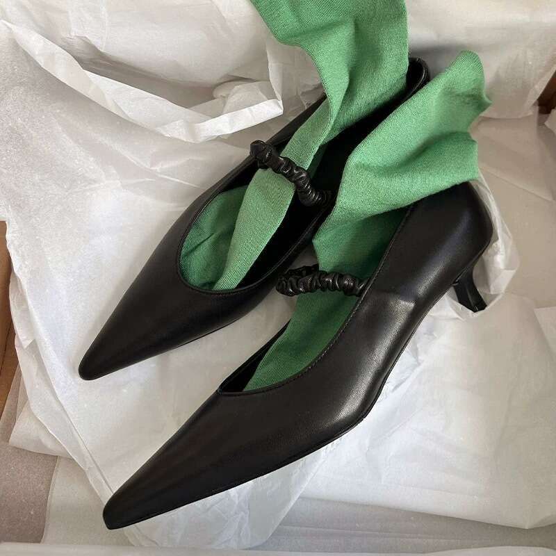Genuine Leather French Pointed Toe Stiletto Shallow Mouth Single Strap Women's Shoes 2025 New Spring Summer Elegant Cat Heel High Heels