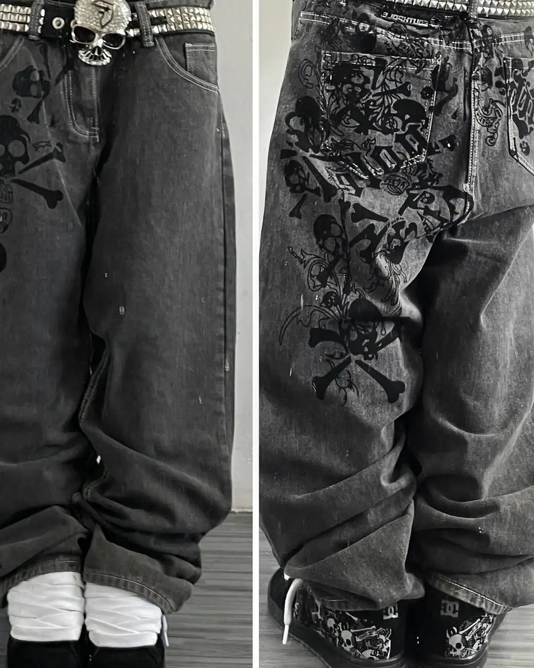 Y2K Street Skull Embroidered Jeans American Fashion Trendy Retro Pants Men Hip Hop Gothic Harajuku Punk Loose Wide Leg Pants 250526