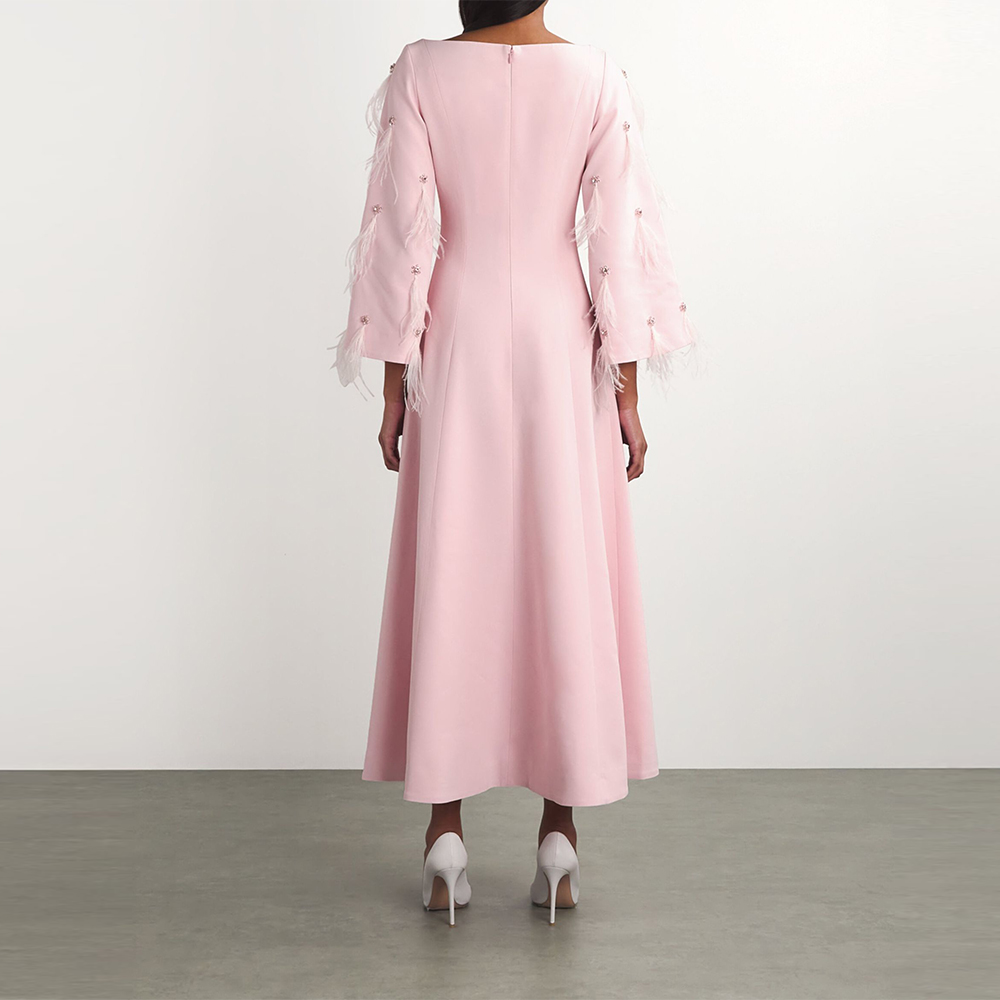 Simple Pink Party Gown Sheath Beaded Crystal Evening Dresses Feather Long Sleeves Prom Gown for Africa Women