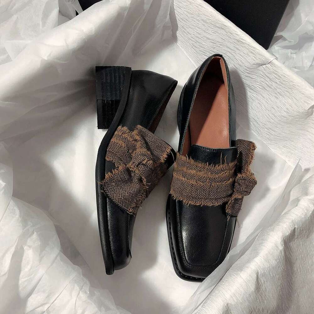 Genuine Artistic Style Square Toe Chunky Heel Loafers for Women 2025 Spring New Bowknot Small Leather Single Shoes