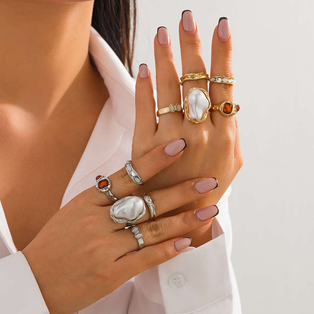 Jewelry INS Metallic Glossy Geometric Rings Irregular Inlaid Pearl Ring Set