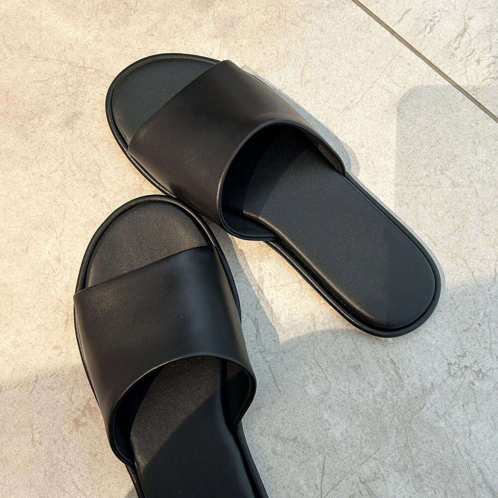 Genuine Leather Niche Row Style One-Strap Sandals for Women, Summer New Comfortable Flat Soft Sole Beach Half-Toe Slippers