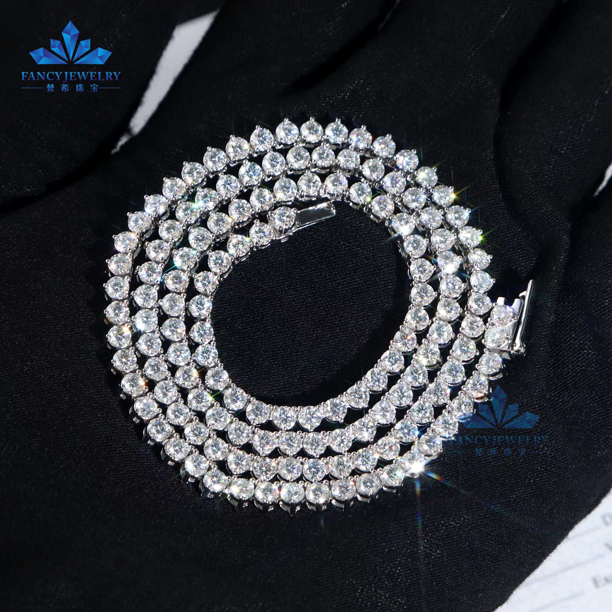 Fine Designer Jewelry Hip Hop Necklace 3mm 925 Silver VVS Moissanite Iced Out Tennis Chain 3Prong Mossanite Tennis Link Chain