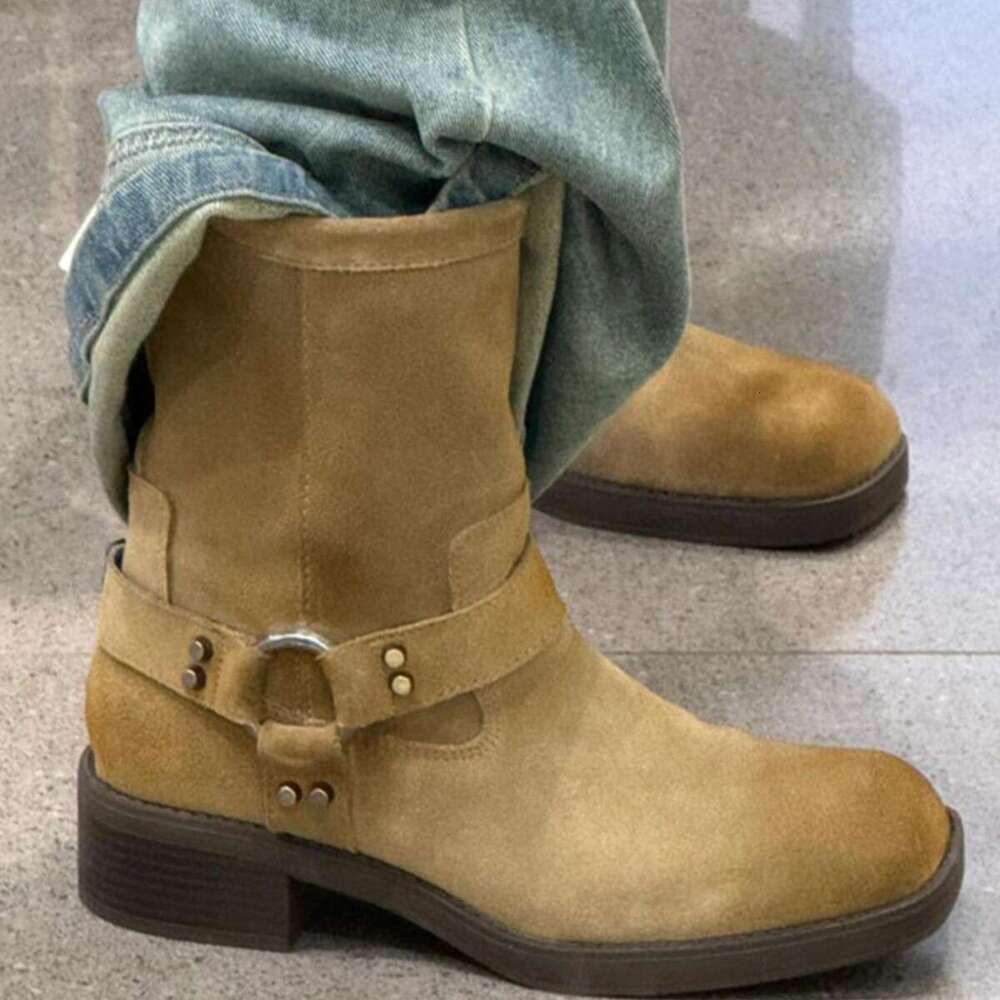 Maillard Belt Buckle Mid-Calf Western Cowboy Martin Women Autumn Winter Thick Heel Square Toe Short Boots