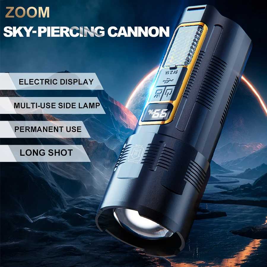 Powerful 30W LED Flashlight Built-in 18650 Battery Portable Zoom Tactical Torch Type-C Rechargeable Emergency Camping Power BankXJ250529