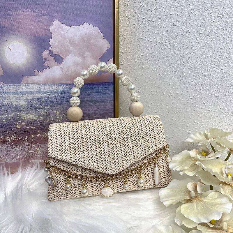 Women's Bags Designer Fashion Pearl Handle Handbags Shell Conch Chains Straw Bags For Women Summer Travel Woven Beach Shoulder Crossbody Bag