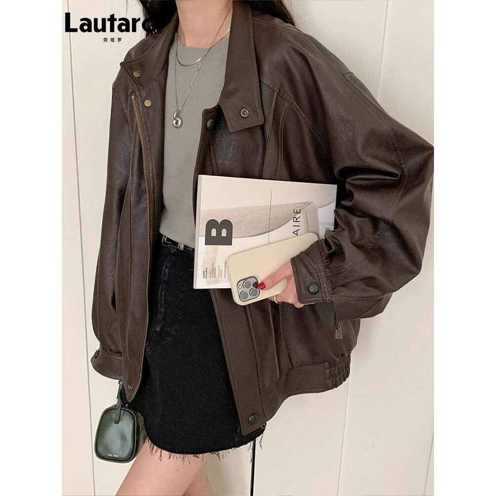 Lautaro Autumn Cool Brown Oversized Leather Jacket Women Drop Shoulder Long Sleeve Zippper High Quality American Retro Clothing