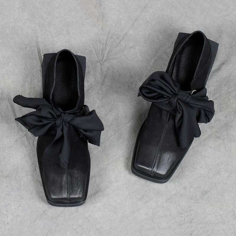 Genuine Niche Square Toe Chunky Heel Bowknot Strap Two-Way Loafers for Women 2025 Spring Small Leather Single Shoes