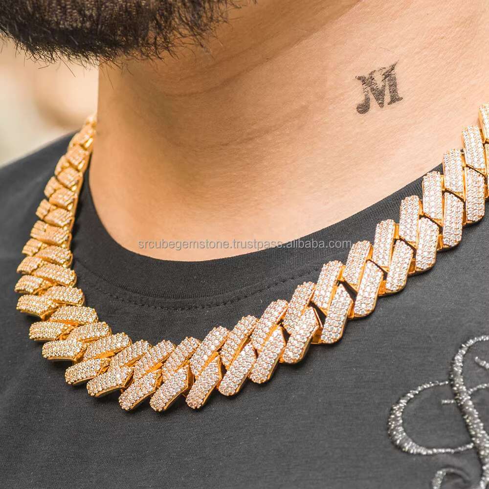 Hip Hop 925 Silver Plated 18k Rose Gold Diamond Moissanite Necklace Cuban Chain Hip Hop Diamond Cuban Link Chain for Women Mens