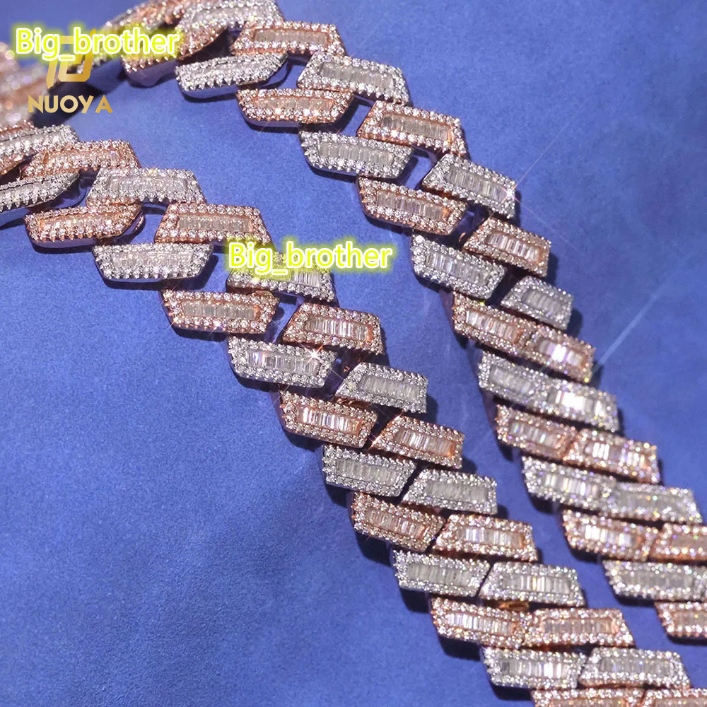 NUOYA 925 Sterling Silver Iced Prong Cuban Chain Necklace Hip Hop Bling Baguette Moissanite Diamond Cuban Chain Womens Jewelry