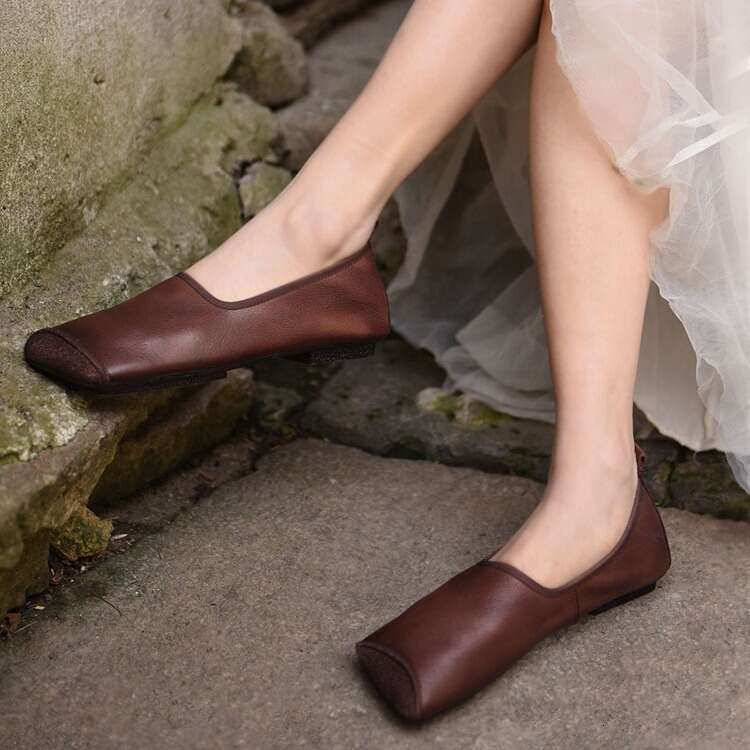 Genuine Leather French Niche Design Square Toe Slip-On Flat Shoes for Women Summer Autumn Comfortable Loafers
