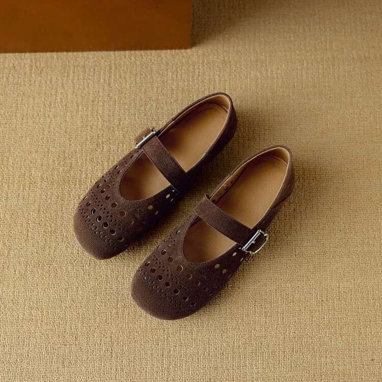Sheepskin Version ~ Korean Style Round Toe Hollow Out Hole Flat One-Strap Mary Jane for Women 2025 Spring Summer Single Shoes