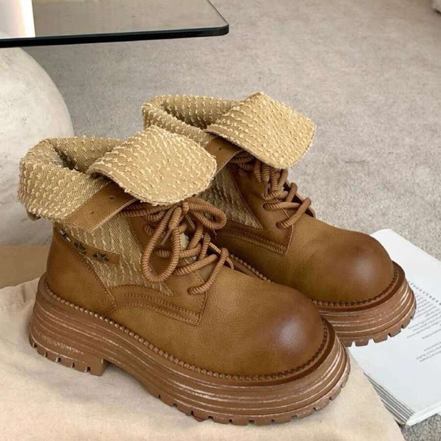 British Style Martin for Women 2024 Autumn Winter New Thick Sole Chunky Heel Height Increasing Turn-Up Two-Way Round Toe Short Boots