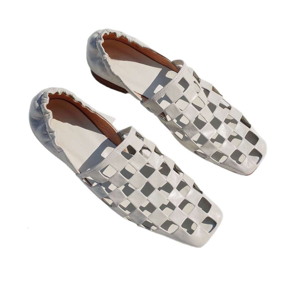 Genuine Leather Niche Wrinkled Square Toe Hollow Loafers for Women 2025 New Spring Summer Fashion Flat Low Heel Single Shoes