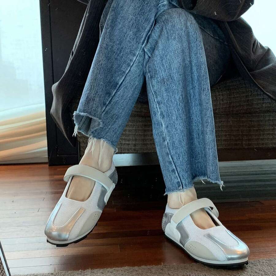 Genuine Leather Korean Style Niche Silver Mary Jane Ballet Flat Velcro Casual Sneakers White Shoes for Women