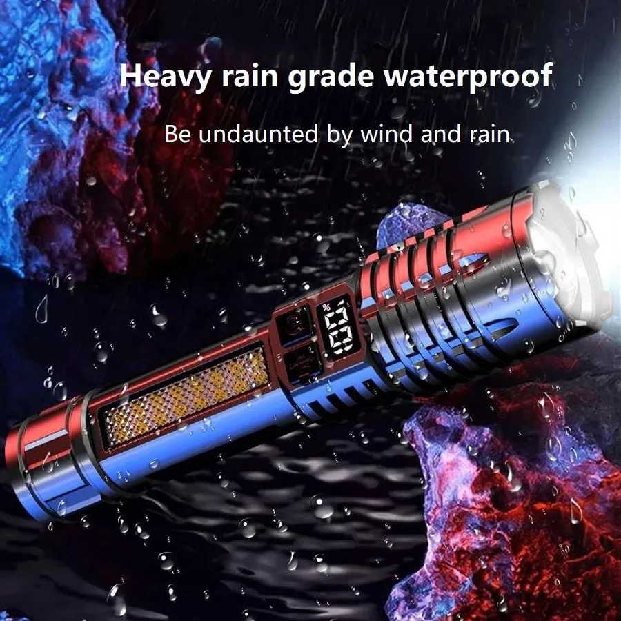 High Power LED Flashlight With Side Light Super Bright USB Rechargeable Zoomable Tactical Torch Waterproof Outdoor Camping Lamps XJ250529