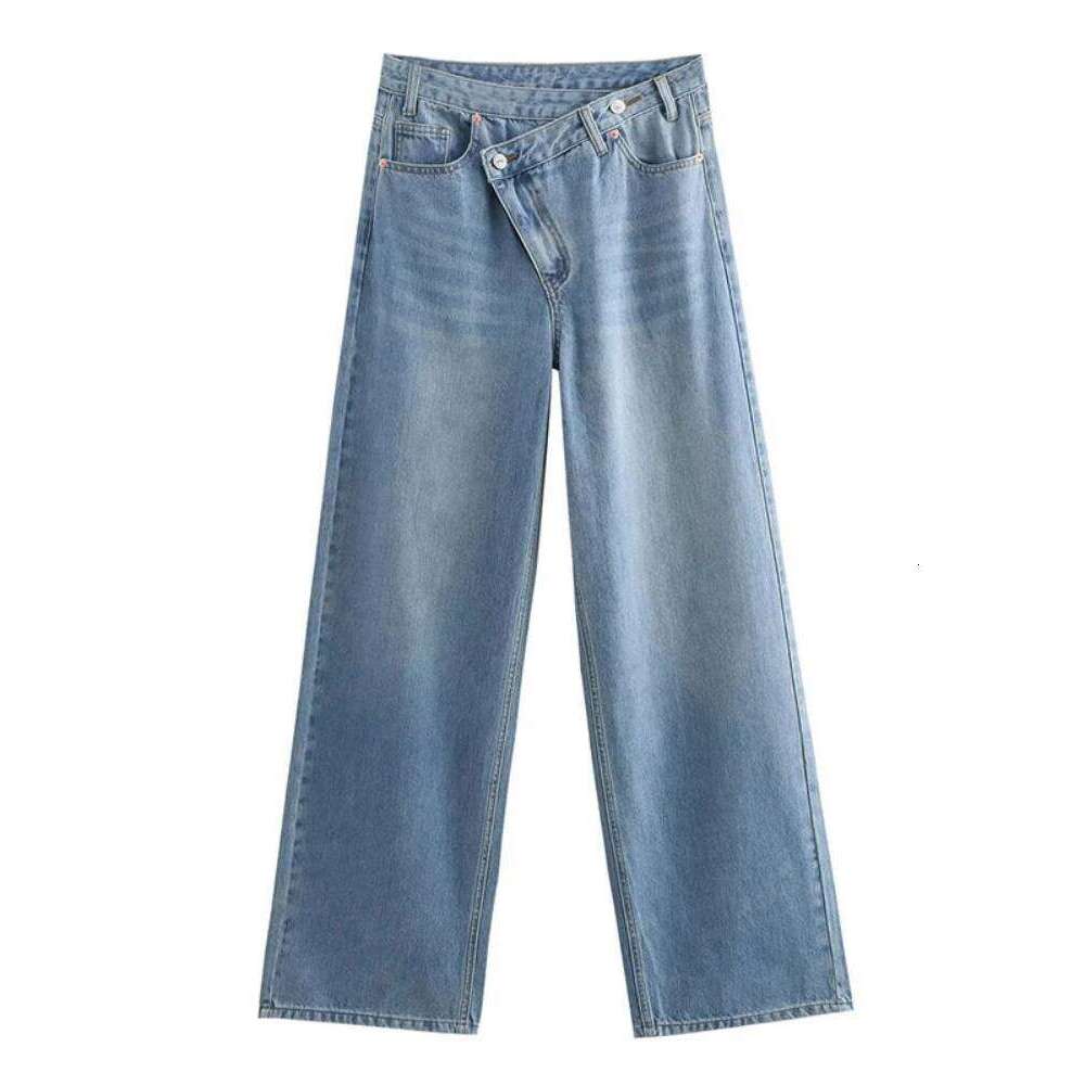 Women Wide Leg Vintage Irregular Washed Denim Trousers Aesthetic Baggy Straight Asymmetrical Jeans High Waist
