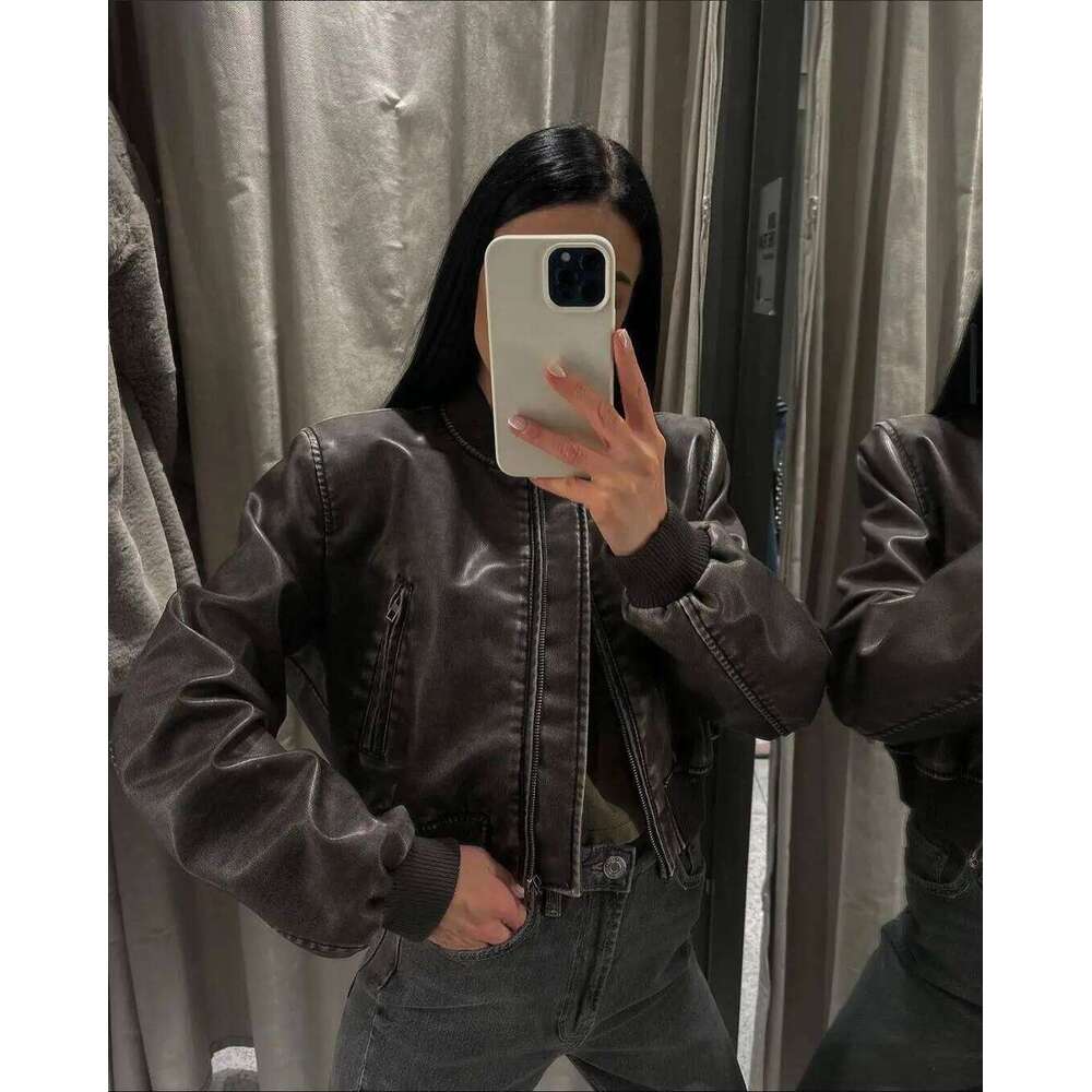 RARF Women Washed Leather Loose Jacket Vintage Stand Collar Gradient Zipper Short Spring Lady Locomotive Style Chic Coat