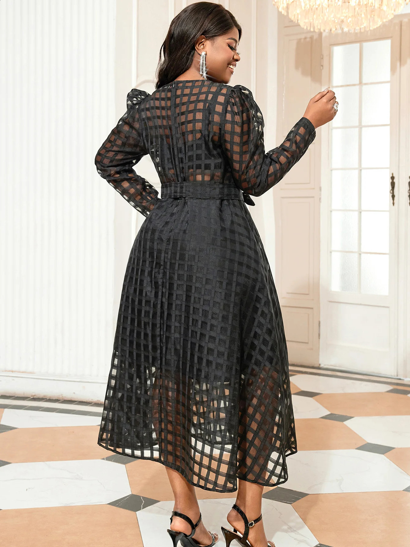 Plus Size Sexy Dress with Contrasting Mesh Round Neck and Bubble Sleeves Layered Black Casual Street Clothing Long Robe 250517